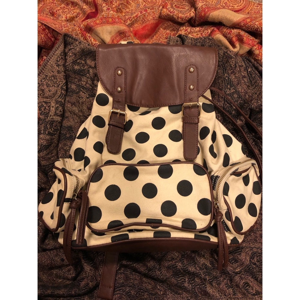 Brown Leather and Polka Dot Backpack